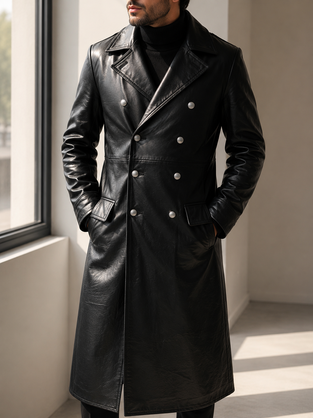 Kythnos Double-Breasted Leather Overcoat