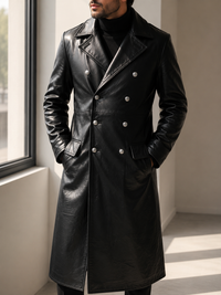 Kythnos Double-Breasted Leather Overcoat