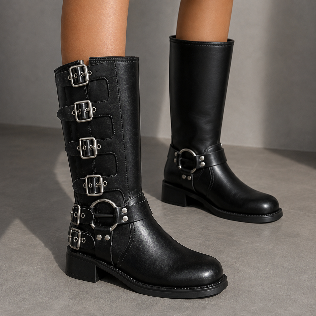 Denia Buckle Moto Knee Boots