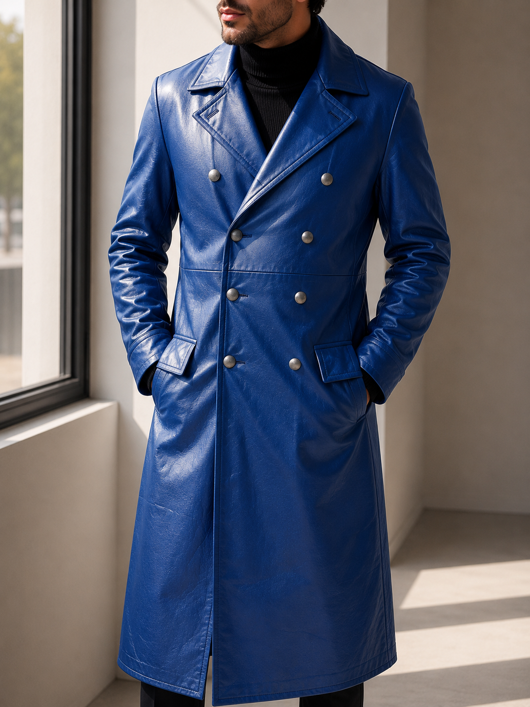 Kythnos Double-Breasted Leather Overcoat