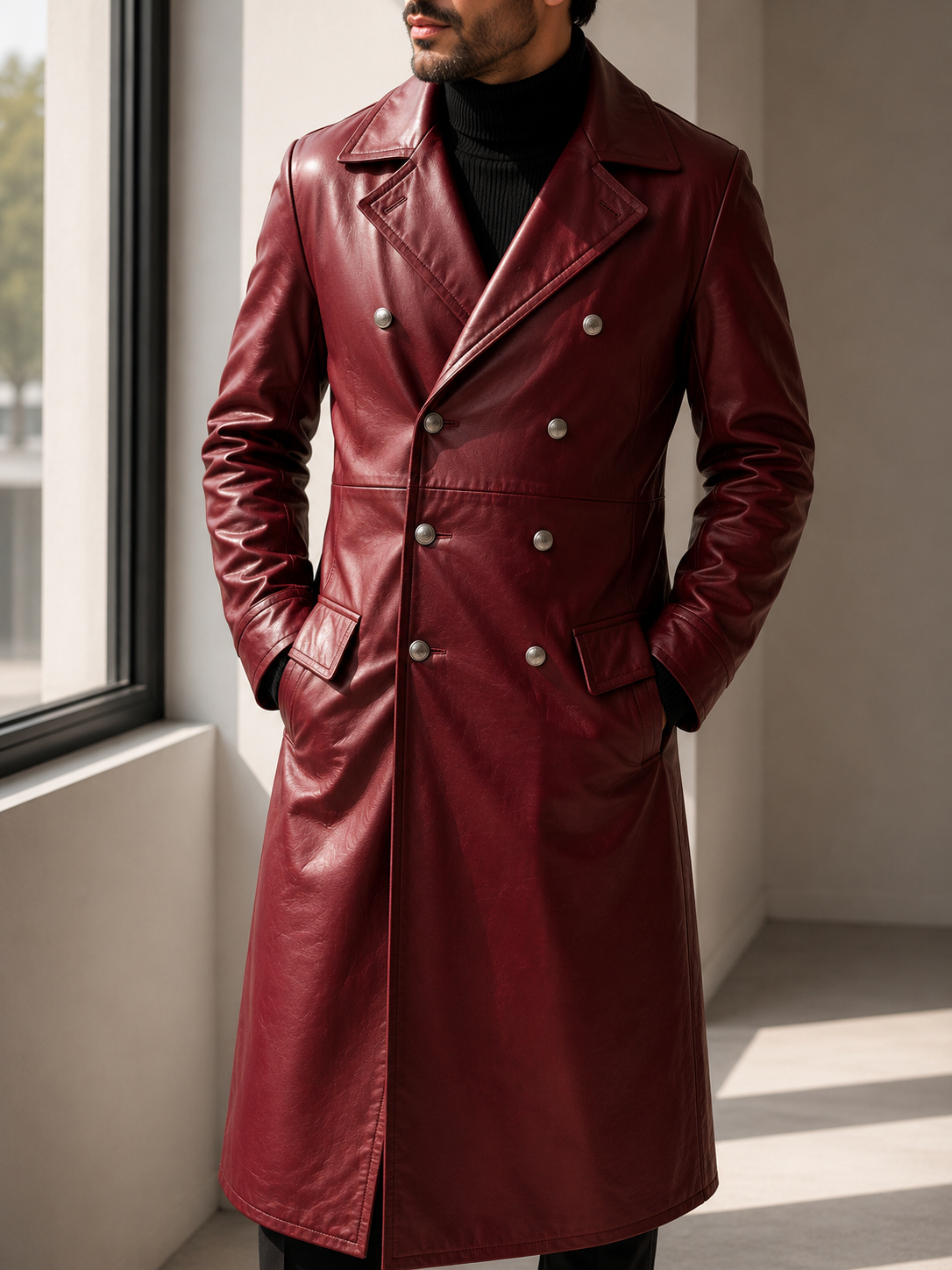 Kythnos Double-Breasted Leather Overcoat